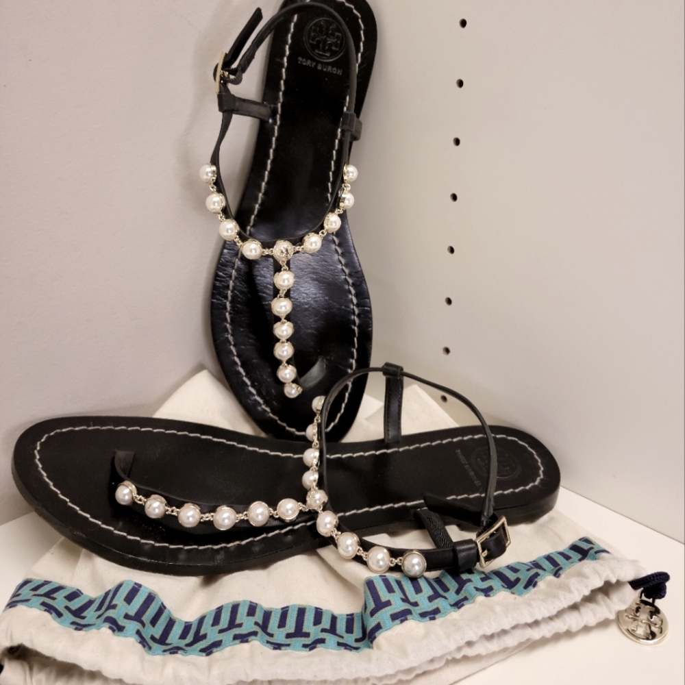 Tory Burch Emmy Thong Sandals with Pearl Accents Size 10 - Excellent Condition